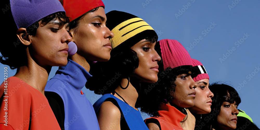 Fototapeta premium Profile Portraits of Five Women Wearing Colorful Knit Hats and Tops
