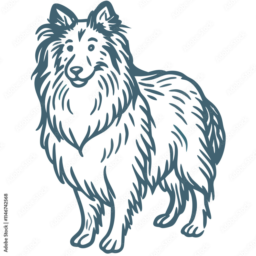 Fototapeta premium Blue Vector Illustration of Happy Fluffy Dog Silhouette for Design Projects