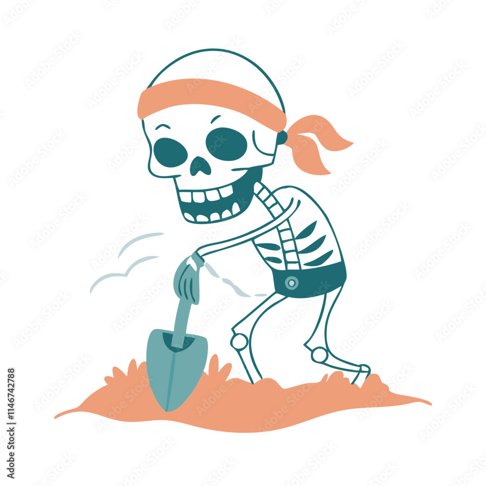 Naklejka premium Skeleton Pirate Digging with Shovel Cartoon Vector Illustration