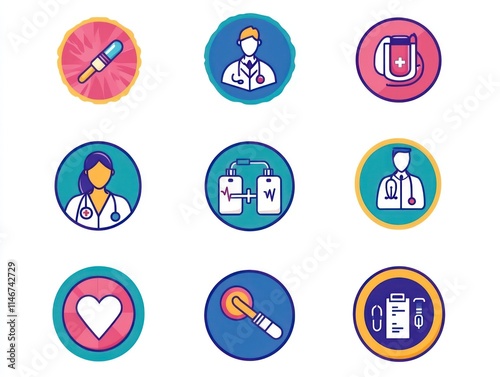 Set 16 medical icons featuring health services, doctors, and hospital care symbols