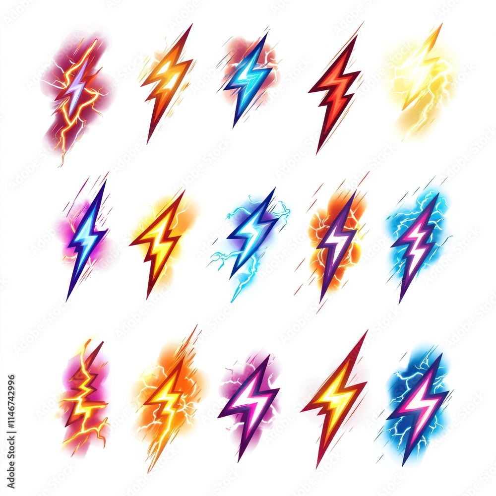 Set electric lightning bolt icons on white background, energy symbols for electricity