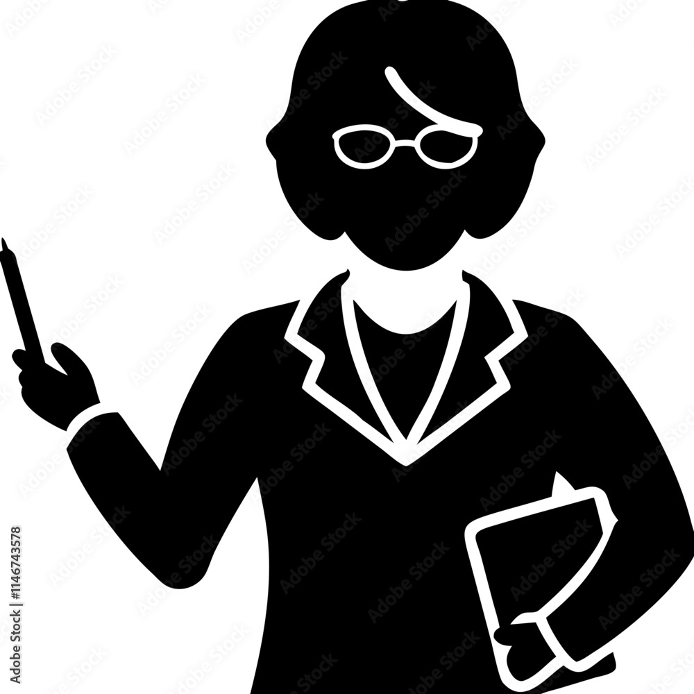  Female Teacher Silhouette with Glasses Holding Book and Pen Vector Illustration