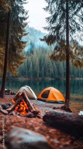 two tent wings camping by the river on the mountain