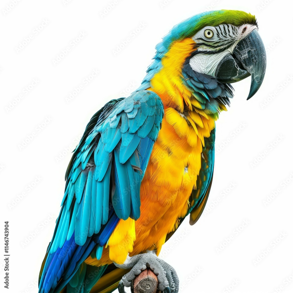 Obraz premium Colorful macaw perched on a branch, displaying vibrant blue, yellow, and green plumage
