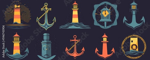 Set nautical logos and elements featuring lighthouses and anchors