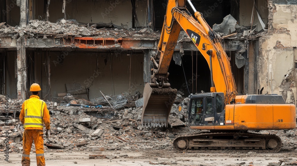 Heavy Excavator at Work in Urban Demolition Site with Worker in Safety Gear Overseeing the Operation Amidst Rubble and Debris from Dismantled Structure