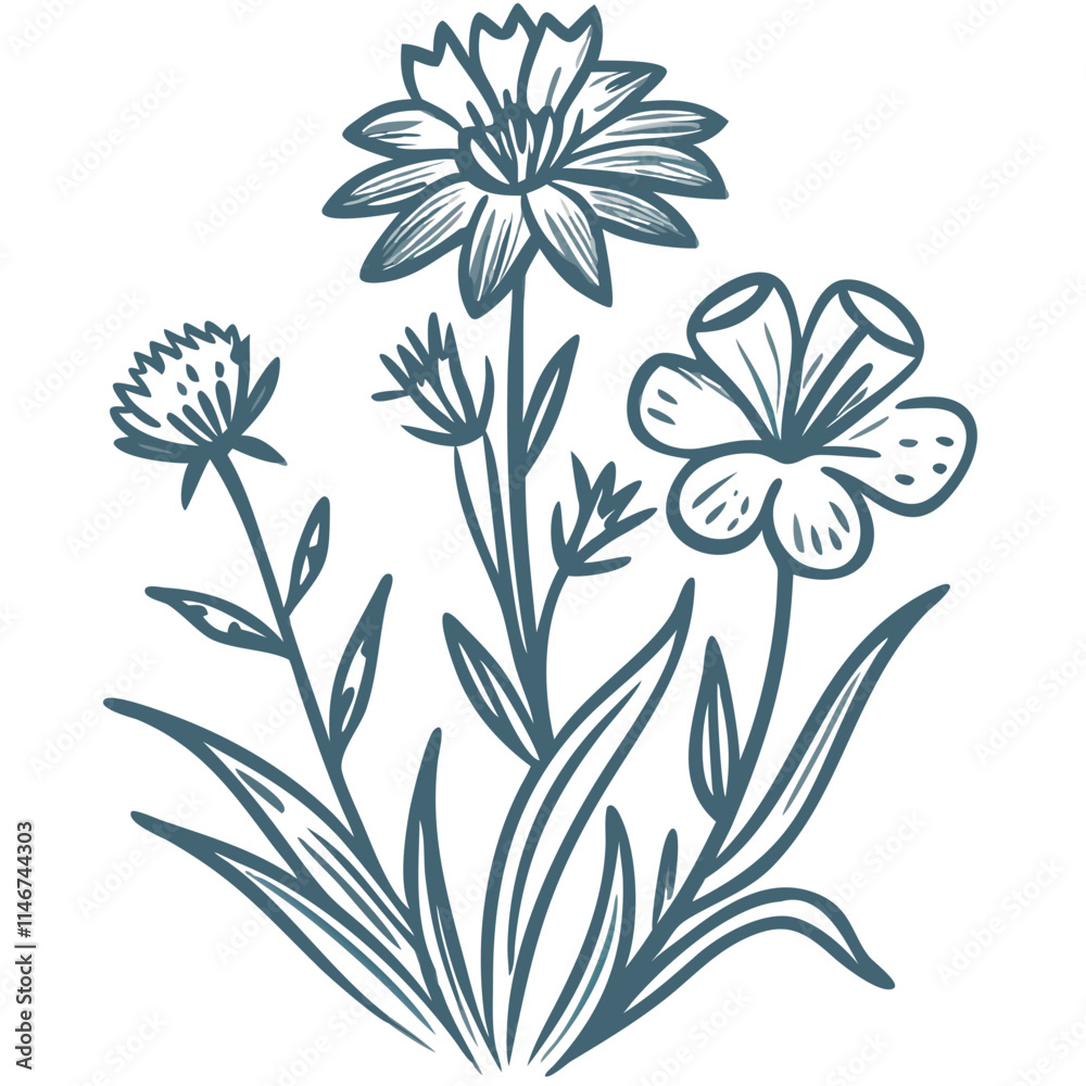 Hand Drawn Botanical Illustration of Wildflowers in Blue Vector Art Hand Drawn Botanical Illustration of Wildflowers in Blue Vector Art