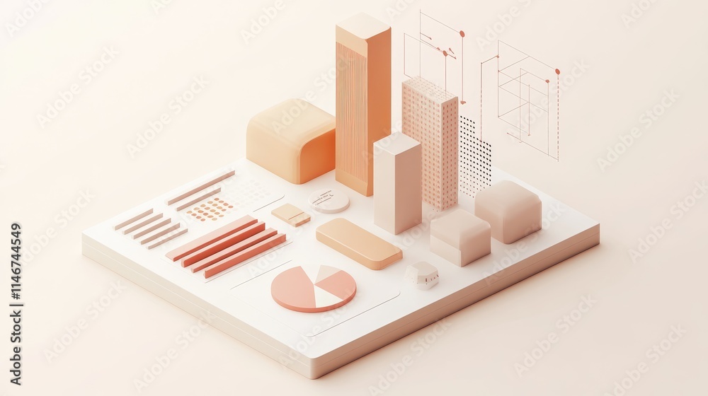 Naklejka premium Minimalist isometric bar chart in soft colors, [business visualization], [focusing on clarity and simplicity in data] 