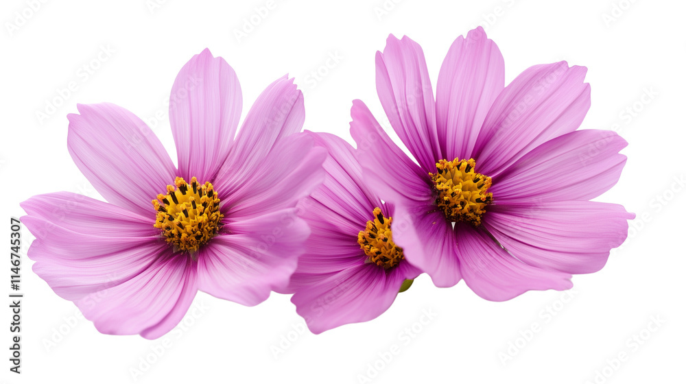 A soft, crisp image of fuchsia cosmos flowers with dewdrops on the petals isolated on transparent background A soft, crisp image of fuchsia cosmos flowers with dewdrops on the petals isolated on transparent background