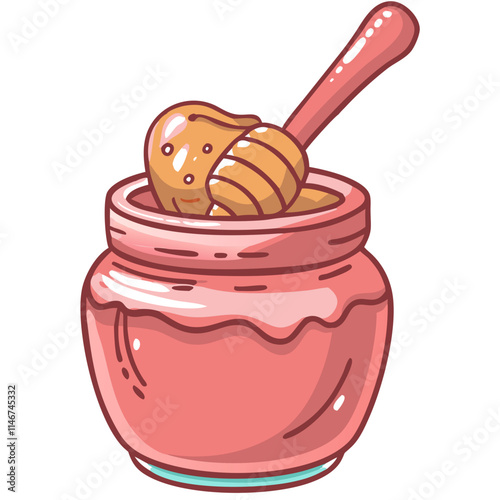  Cute Pink Honey Jar with Honey Dipper Vector Illustration for Kitchen and Food Themes
