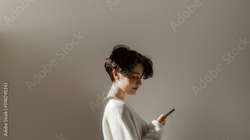 A profile of a young woman, wearing a white cotton jumper, short hair, subtle smile, looking at her mobile phone, blank wall, studio lighting, spotlight, no shadows, studio environment, clean white ba