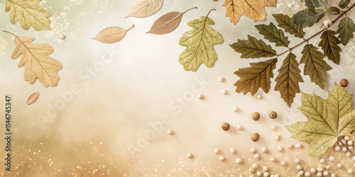 Wallpaper Mural Autumn Leaves Scattered on Beige Background With White Beads and Golden Glitter Torontodigital.ca