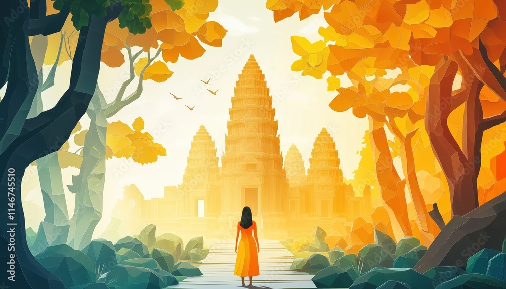 Fototapeta premium Young Woman Traveler Exploring The Ancient Ta Prohm Temple In Angkor Wat Complex, Experiencing The Khmer Architectural Heritage In Siem Reap, Cambodia.