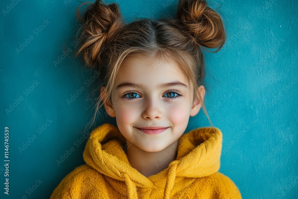 A cheerful young girl with stylish hair poses in a yellow hoodie against a blue background. A cheerful young girl with stylish hair poses in a yellow hoodie against a blue background.