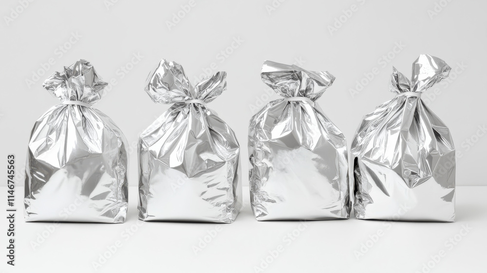 A clean white background featuring a row of glossy metallic silver bags, with crinkled patterns reflecting subtle light, the top of each bag tied securely into unique shapes, maintaining a minimalist A clean white background featuring a row of glossy metallic silver bags, with crinkled patterns reflecting subtle light, the top of each bag tied securely into unique shapes, maintaining a minimalist