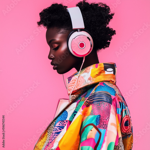 Young African American afro woman with curly hair listening to music using pink headphones looking to side, relax profile pose with natural face with confident smile.