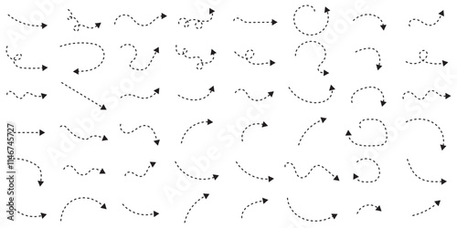 Hand drawn dot arrow vector set. Hand drawn line doodle arrow, curve arrow icon vector set. Vector illustration. Hand drawn dotted arrows set. Sketch curved dashed arrows design.