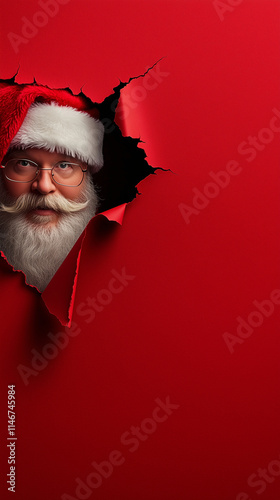 Santa Claus comes out of the background of red paper smiling, portrait photo, Christmas idyll..Generative AI