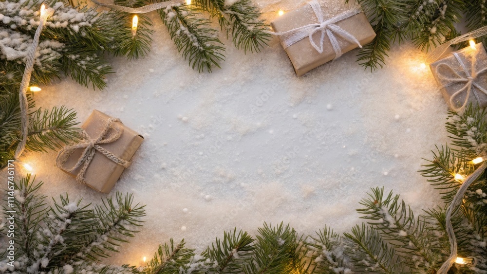 A festive winter scene with snow-covered evergreen branches, twinkling lights, and rustic wrapped gifts, creating a cozy and inviting holiday atmosphere. A festive winter scene with snow-covered evergreen branches, twinkling lights, and rustic wrapped gifts, creating a cozy and inviting holiday atmosphere.