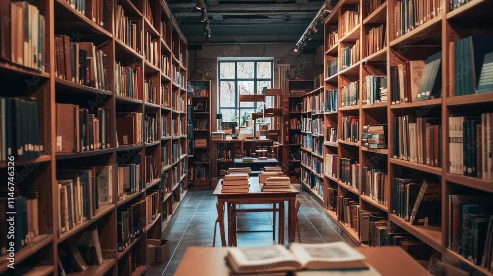 Fototapeta premium Cozy Library Interior with Wooden Shelves Filled with Books, Warm Lighting, and a Tranquil Atmosphere Inviting Readers to Explore and Discover Literature