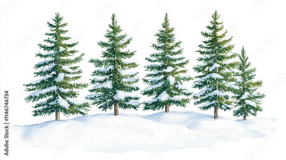 Fototapeta premium A serene scene featuring four snow-covered evergreen trees amidst a blanket of snow, evoking a tranquil winter landscape.