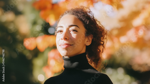 a close-up portrait of an attractive mixed-race woman in her early thirties, wearing a black turtleneck to mid lacey braid hair, smiling softly at someone off frame behind her, in front of a sunny gar