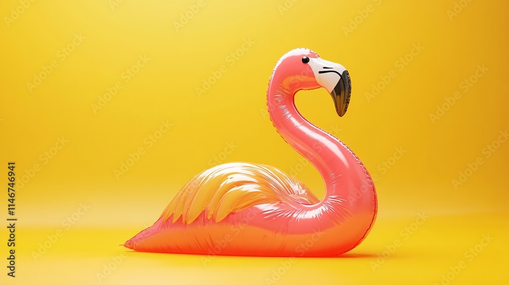 Pink inflatable flamingo on yellow background. Pink inflatable flamingo on yellow background.