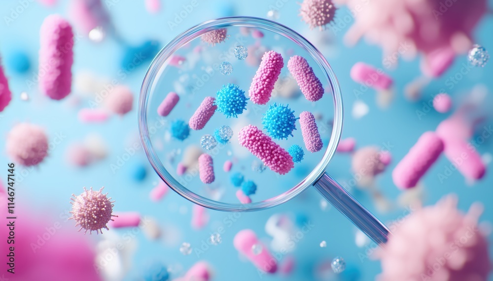 Fototapeta premium Infectious Pink And Blue Microorganisms In Diverse Shapes On White Background: A Blur Of Science And Medicine Illustration.
