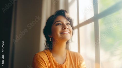 Free Download A close-up portrait of a latin woman in her early thirties, wearing an orange shirt, smiling softly at someone off frame behind her, looking through a sunny window inside an apartment - GFXLoad