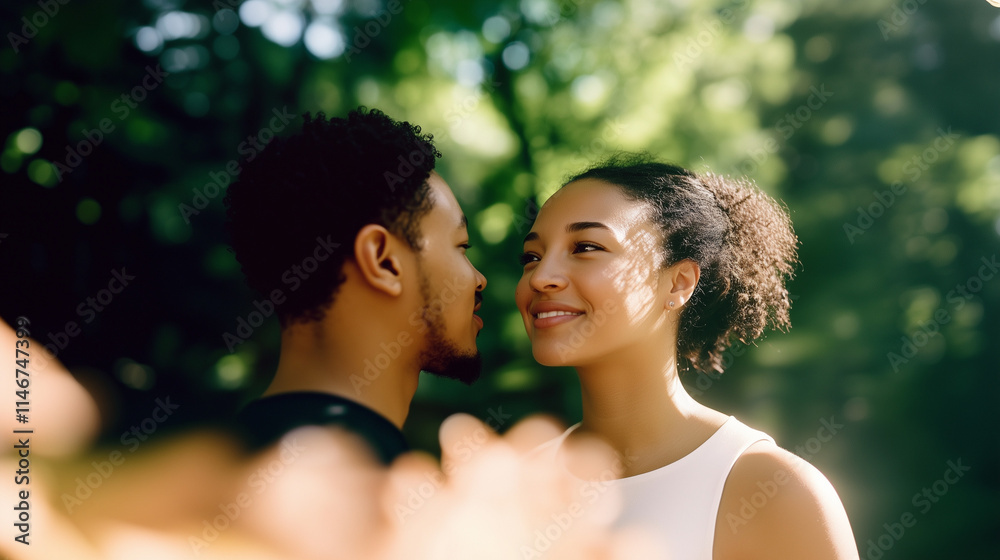 Fototapeta premium a close-up portrait of an attractive mixed-race couple in their early thirties, smiling softly and looking at each other, in front of a sunny garden backdrop