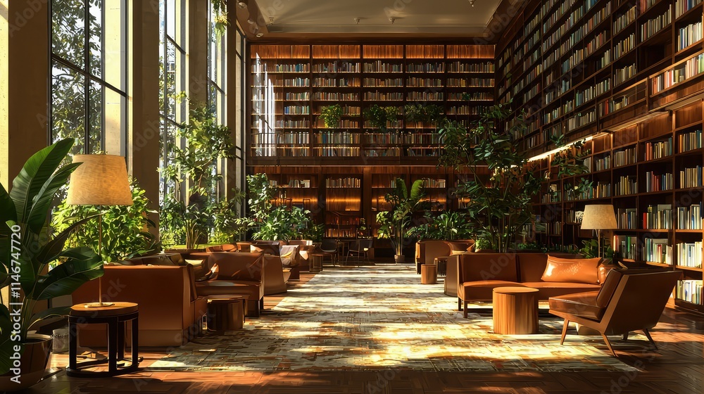 Cozy and Inviting Library Interior with Abundant Natural Light, Lush Greenery, and Comfortable Seating for Relaxation or Study in a Modern Setting Cozy and Inviting Library Interior with Abundant Natural Light, Lush Greenery, and Comfortable Seating for Relaxation or Study in a Modern Setting