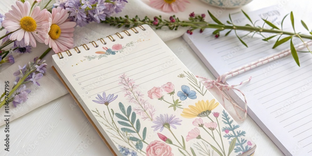 A floral notepad with a blank page open ready for writing and a second notebook with a pink twine closure A floral notepad with a blank page open ready for writing and a second notebook with a pink twine closure