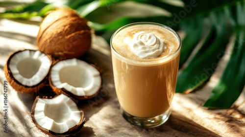 Refreshing vietnamese coconut coffee with fresh coconut garnish for tropical beverage lovers photo