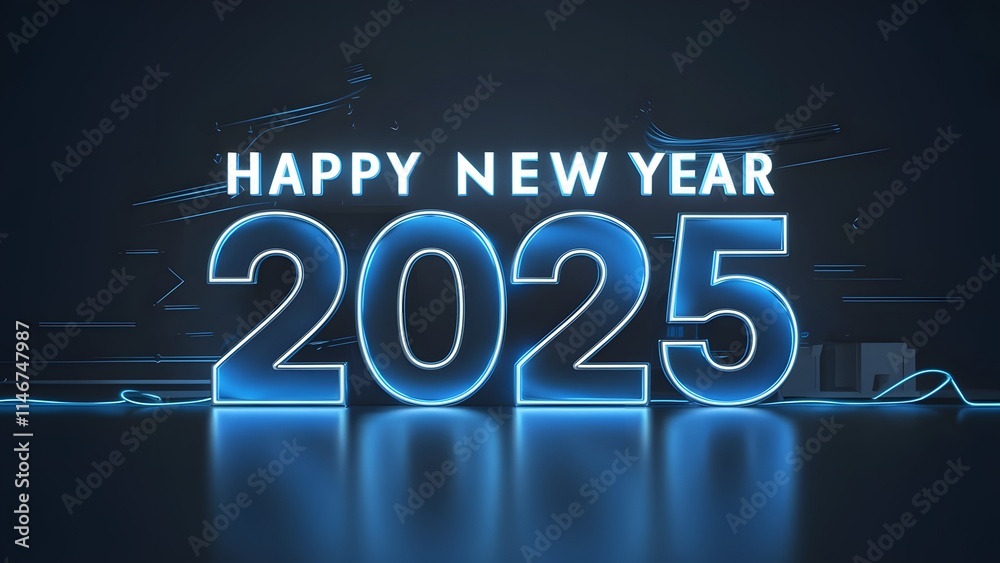 Obraz premium Happy new year 2025 with blue and silver metallic numbers on dark background, Happy new Year celebrations, Happy New Year text, 