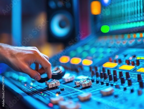 voice modulation dynamics Concept. Hand adjusting audio mixer knobs in a vibrant studio setting.
