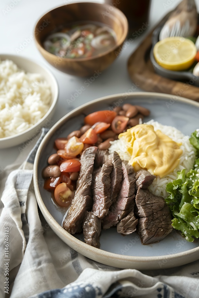 A Mexican carne asada platter with grilled steak, rice, beans, and salsa, captured under warm cinematic lighting. A Mexican carne asada platter with grilled steak, rice, beans, and salsa, captured under warm cinematic lighting.