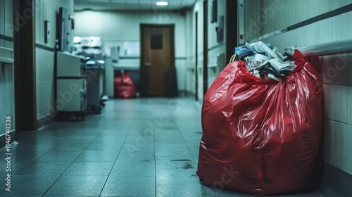 nfectious waste must be disposed of in the trash bag and red.Waste infections in hospitals.photo boxes at the hospital. shows a lot of medical waste.infectious wastes in red bag photo