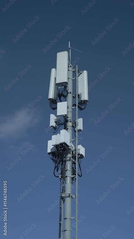 A Telecommunications Tower Equipped with Various Antennas Set Against a Clear Blue Sky A Telecommunications Tower Equipped with Various Antennas Set Against a Clear Blue Sky