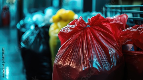 nfectious waste must be disposed of in the trash bag and red.Waste infections in hospitals.photo boxes at the hospital. shows a lot of medical waste.infectious wastes in red bag photo