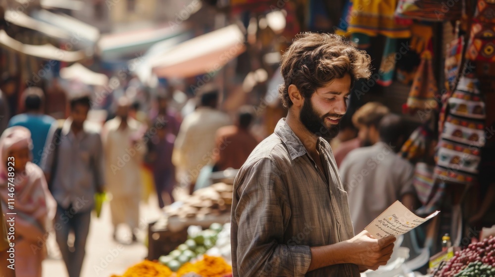 A man is reading a piece of paper in a crowded market. The scene is bustling with activity, with many people walking around and shopping. The man is focused on the paper A man is reading a piece of paper in a crowded market. The scene is bustling with activity, with many people walking around and shopping. The man is focused on the paper