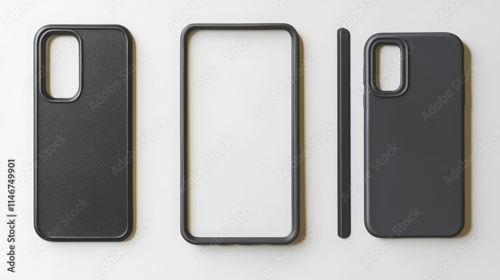 A flat lay of mobile phone cases in black and grey colors, showcasing different styles and designs on a clean white background. A flat lay of mobile phone cases in black and grey colors, showcasing different styles and designs on a clean white background.