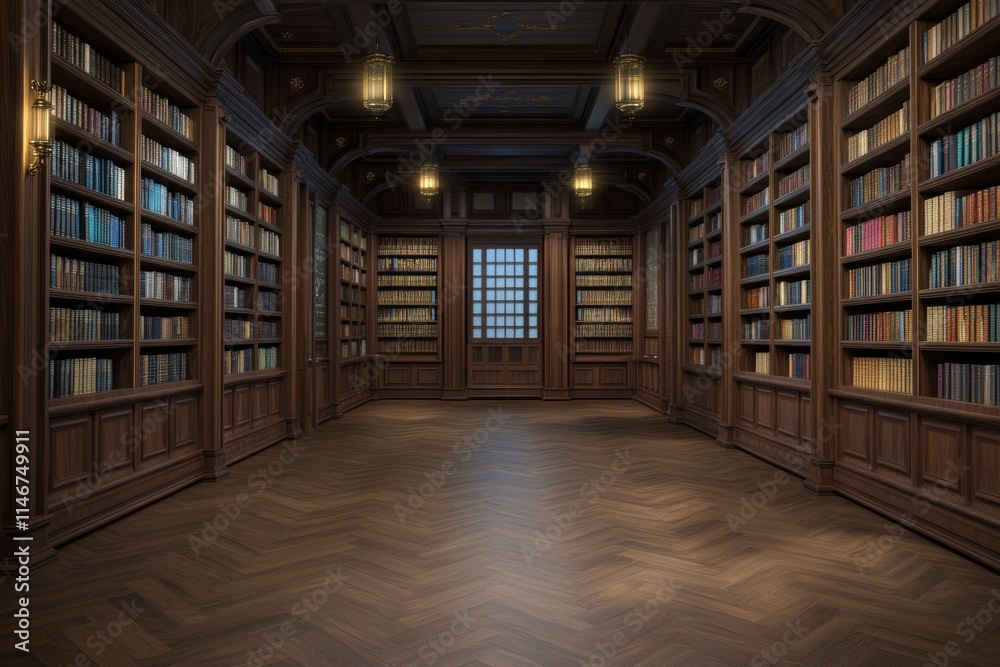 A classic library interior with wooden shelves filled with books and a central window. A classic library interior with wooden shelves filled with books and a central window.