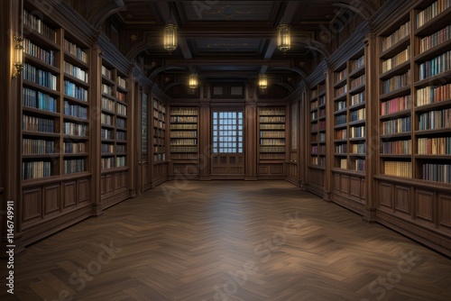 A classic library interior with wooden shelves filled with books and a central window.