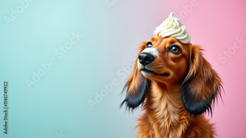 Wallpaper Mural Long-haired brown dachshund with an airy, pastel pink background looking over the top of its head with a blue eye and pink nose. Torontodigital.ca