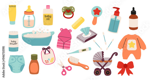 baby care elements set isolated on white Vector illustration in flat  stile
