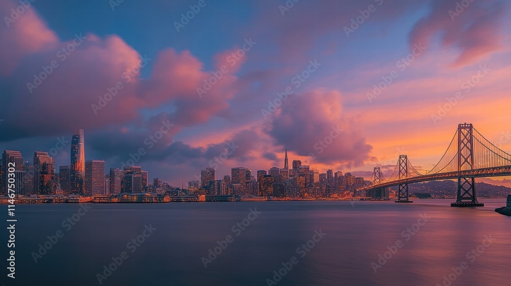 san francisco skyline and bay bridge sunset san francisco skyline and bay bridge sunset