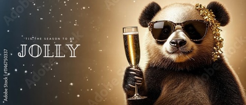 Jolly Panda Bear Celebrates Christmas with Champagne Toast photo