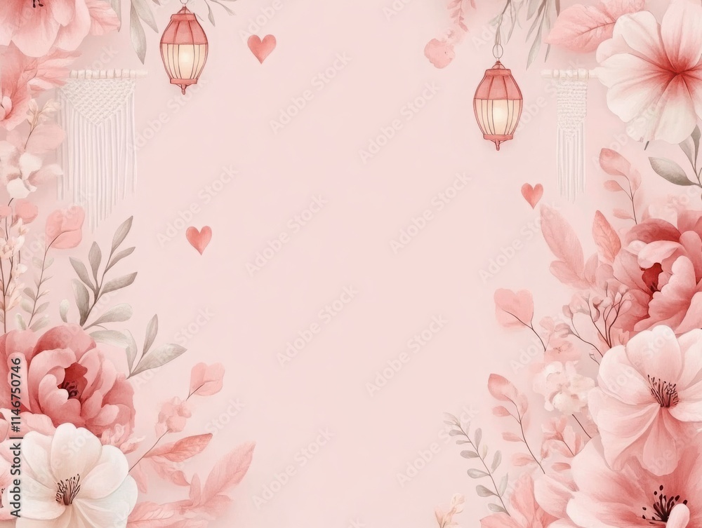 Elegant Floral Background with Soft Pink Hues and Lanterns for Celebrations, Weddings, or Invitations Featuring Delicate Roses and Tropical Leaves in a Charming Design Elegant Floral Background with Soft Pink Hues and Lanterns for Celebrations, Weddings, or Invitations Featuring Delicate Roses and Tropical Leaves in a Charming Design