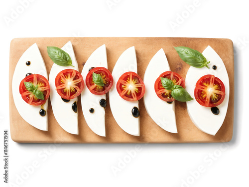 Caprese Salad Ripe beefsteak tomatoes layered with fresh mozzarella, basil leaves, balsamic glaze, and extra virgin olive oil photo