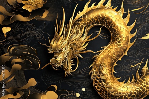 Majestic Golden Dragon Surrounded by Elegant Clouds and Floral Motifs Captured in a Luxurious Black Background for Stunning Artistic Purposes photo